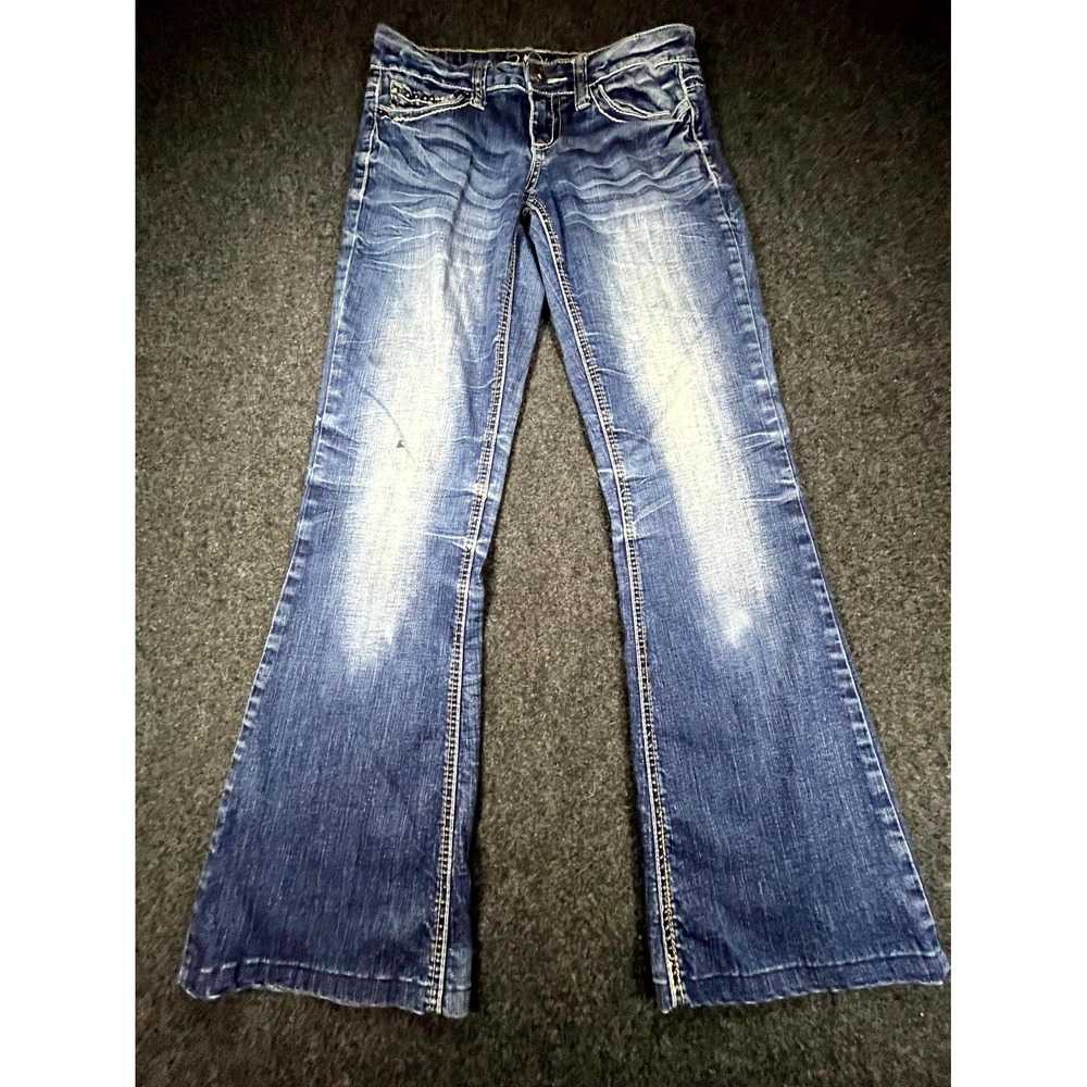 Y2K Vanity Jeans Womens 26x35 Blue Whiskering Wing Rhinestone Low Rise Flare Leg